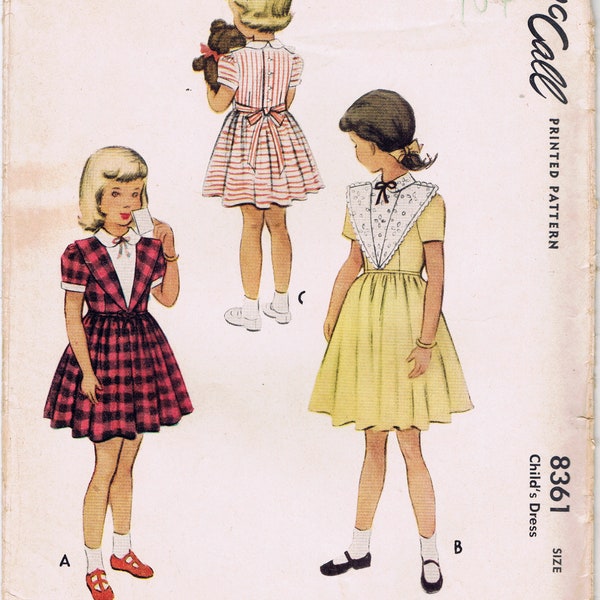 Uncut 1950 McCall Pattern 8361 Girls size 4 Dress Fit and Flare Long V Lapel Peter Pan Collar School Easter Christmas