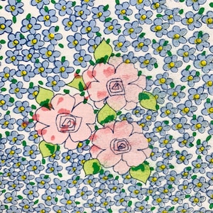 1970s Barbara Brody Crisp Cotton Fabric Blue w Pink Daisies Match Matrex Sheets Upholstery Quilting Excellent Condition