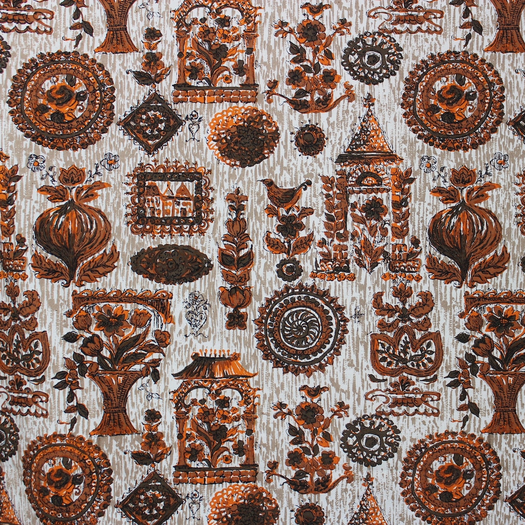 Vintage 1960s Fabric 1.5 Yards Burnt Orange Coral Brown Folk Art Early