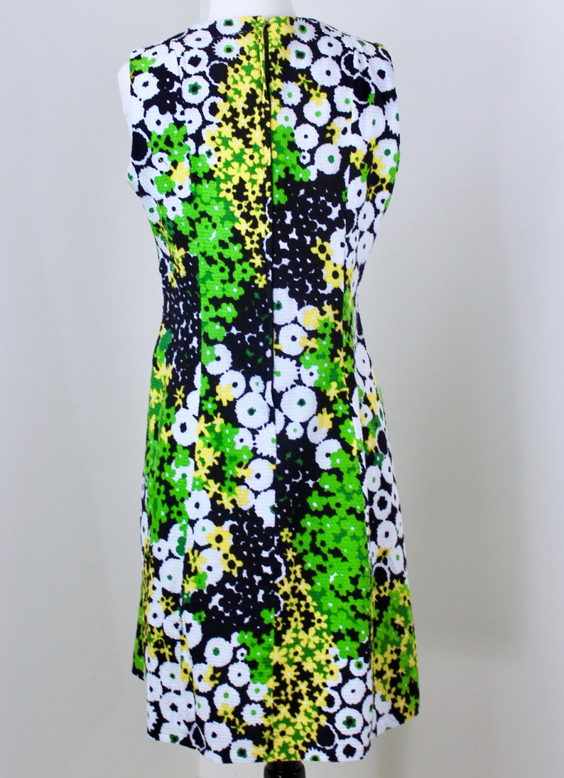 Vintage 1960s A-Line Dress size Medium Waffle Weave Cotton Flower Power Kick Pleats Sleeveless Spring Break Floral