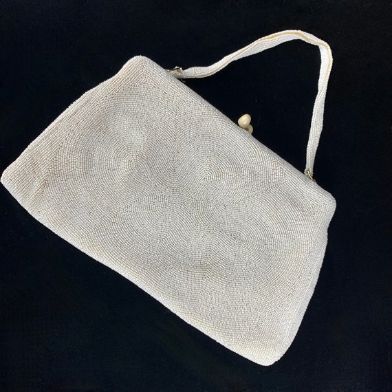 1950 Bonwit Teller Seed Bead White Handbag Kiss L… - image 1