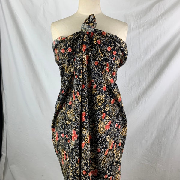 Vintage Handmade Batik Sarong 44 in Long 64in Wide Tube Swimsuit Coverup Cotton Floral Excellent Condition Black Red Gold