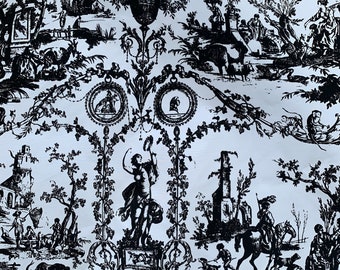 By the Yard Vintage Toile De Jouy Fabric Black White Upholstery Cotton Blend Many Yards Available Drapes Curtains Pillows Bedding