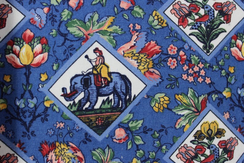 Interior Designer Tablecloth and Runner in Contrasting Red White and Blue Cotton Farmhouse Raj India Elephants Water Buffalo Floral