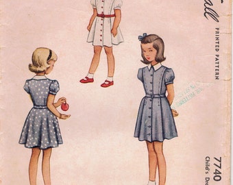1949 McCalls Pattern 7740 Girls size 8 Shirtwaist School Dress 3 Sleeves Button Front Collar Pleated Front Belt Cut Complete