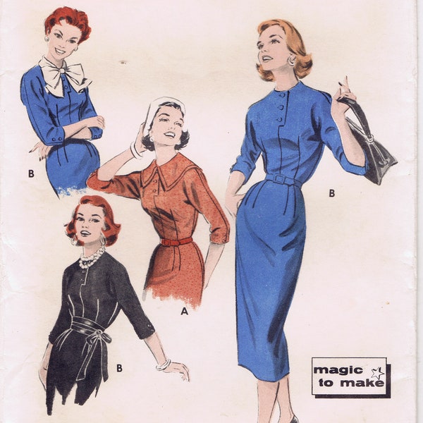 Uncut 1950's Butterick Pattern Basic Wiggle Dress sz 16 Magic to Make Street House Dress Factory Folded Variations Belted 36-28-38