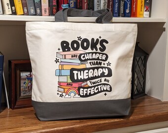 Books Are Cheaper Than Therapy Twice As Effective Book Bag | Bookish Merch Must Have Gifts | Large Cotton Canvas Tote Bag | Shopping Bag