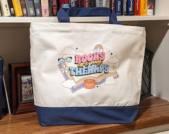 Books Are My Therapy Book Bag | Bookish Merch Must Have Gifts | Large Cotton Canvas Tote Bag | Shopping Bag