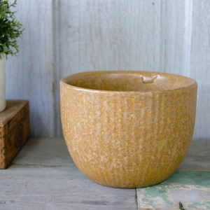 May include: A round, textured, tan-colored ceramic planter. The planter has vertical ridges and a speckled appearance. It sits on a weathered wooden surface, with a small plant in a white pot and a wooden box in the background.