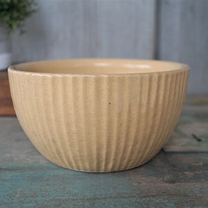 May include: A pale yellow ceramic bowl with a ribbed design. The bowl is empty and sitting on a wooden surface.