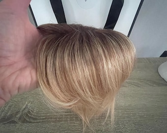 100% Human Remy Hair Topper with bangs Rooted Biscuit Blonde Highlights
