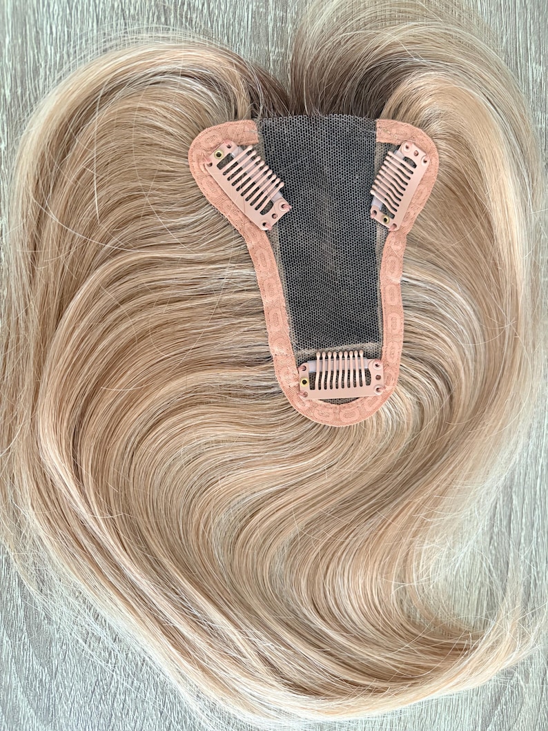 100% Human Remy Hair Topper With Bangs Rooted Biscuit Blonde Highlights ...