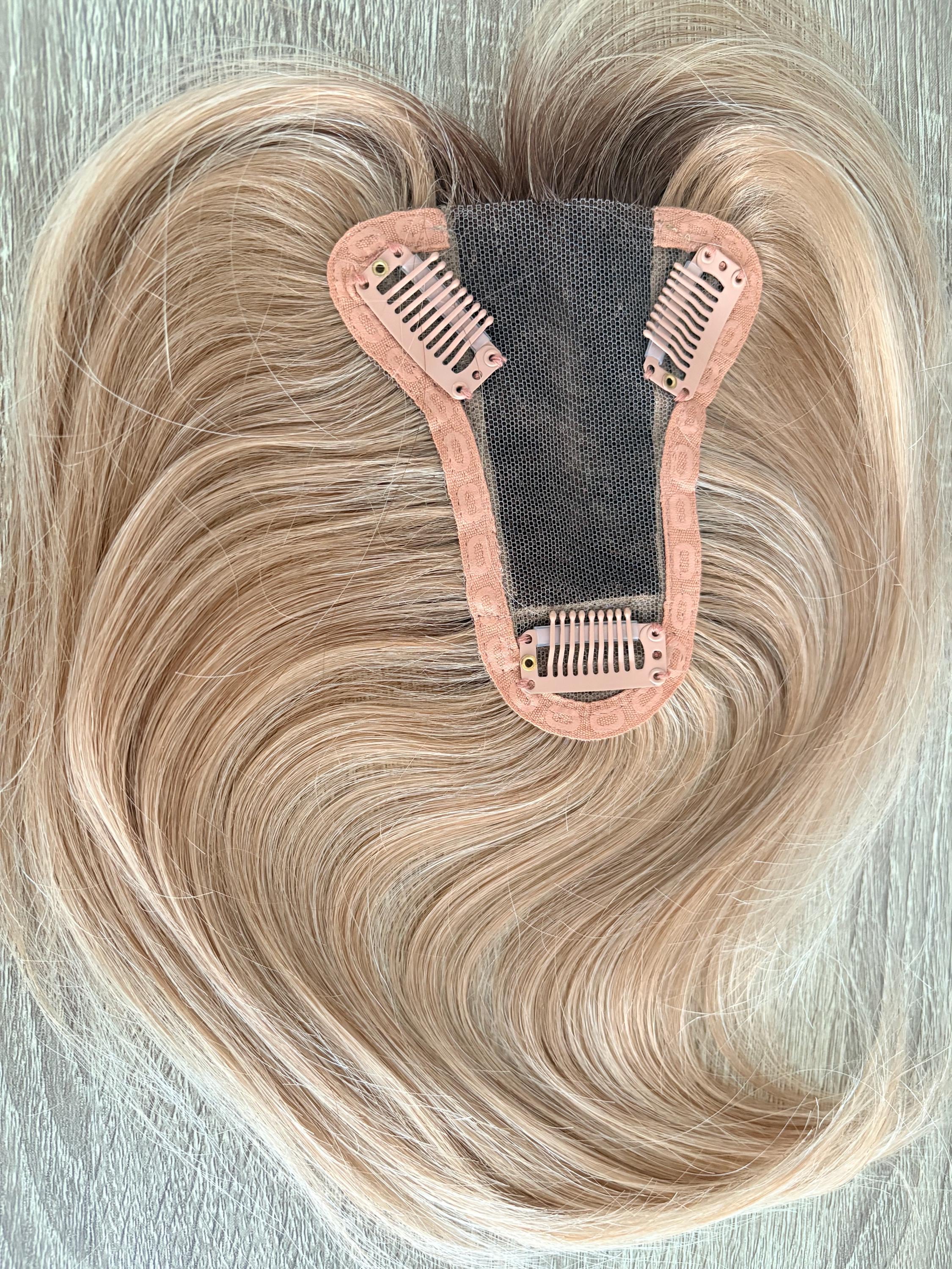 100% Human Remy Hair Topper With Bangs Rooted Biscuit Blonde Highlights ...