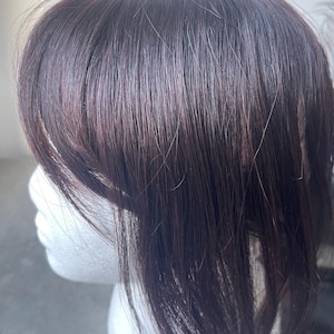 May include: A dark brown wig with layered, shoulder-length hair. The wig is styled with a side parting and is displayed on a white foam head. The hair has subtle highlights and a natural appearance.