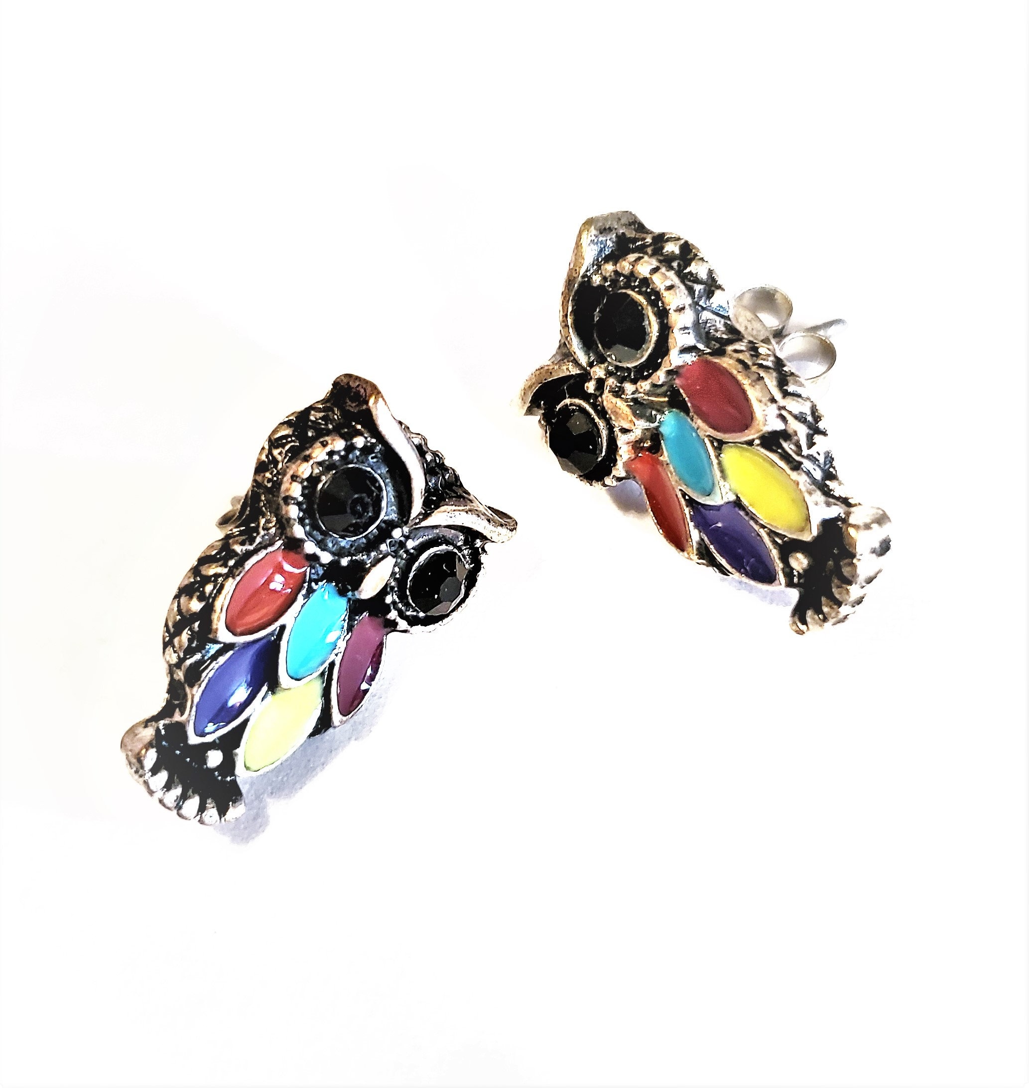 Jeweled Owl Earrings for Pierced Ears Silver Tone Metal Black Rhinestone Eyes Jewel Tone Enamel Red 