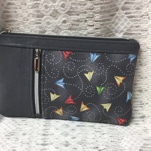 Cartera de mano o clutch, Aviones, Corcho Gris, Algodón, bolsillos con cremallera, tarjetero, regalo para el Día de la Madre, hecho a mano