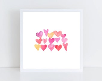 Pink & Orange Ombre Hearts Watercolor Print | Hearts Watercolor Print | Girls Nursery Art