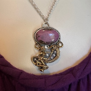 Art Nouveau Style Mermaid Necklace, Naiad Greek Water Goddess and Dragon, Purpurite Stone Gemstone Necklace, Sirencore Jewelry