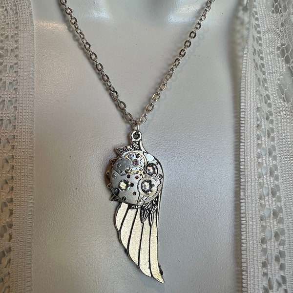 Angel Wing Steampunk Necklace with Up-Cycled Watch Clockwork, Memorial Jewelry, Guardian Angel, Caregiver, Get Well Gift, Statement Jewelry