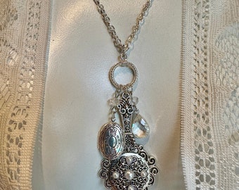 Fancy Magic Mirror Pendant with Clear Faceted Glass Charms, Pearls, Small Locket, Chatelaine Style, Fae Witch Scrying Crystal Clear Mirror