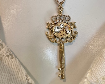 Gold Fancy Vintage Skeleton Key Steampunk Necklace, Gold Watch Clockwork, Key to Your Heart For All Time, OOAK Key Necklace, Gift for Her