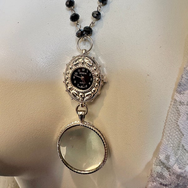 Art Deco Style Watch with Strong Magnifying Glass and Faceted Black Bead Necklace, Functional Style Gift for Moms Grandmas for Mother's Day