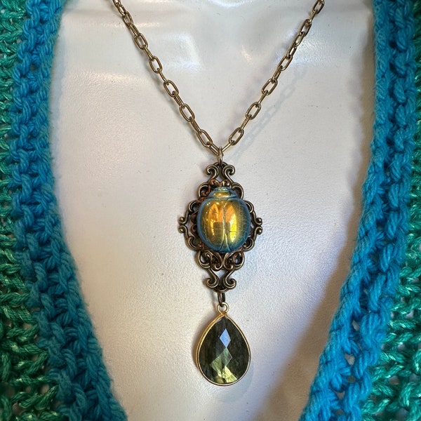 Scarab Beetle Iridescent Vintage Crackle Czech Glass Pendant, Egyptian Revival Style Jewelry, Large Green Multi Faceted Labradorite Necklace