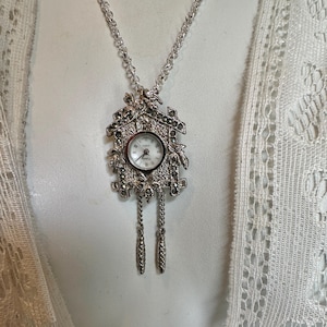 Vintage Marcasite Cuckoo Clock Watch Necklace Brooch Pin, Cute &quot;Cuckoo&quot; Bird, Leaves, Long Adjustable Necklace, Wear Two Ways, Gift for Mom