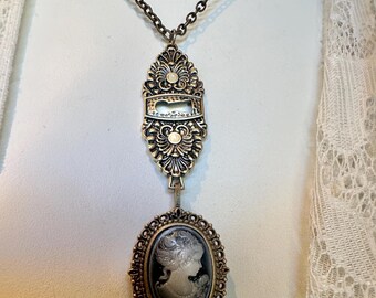 Cameo Watch Vintage Style Necklace, Victorian Bronze Key Lock, Long Chain