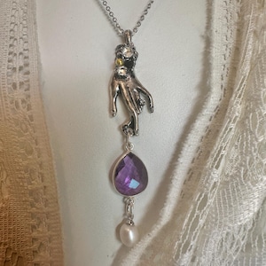 Victorian Hand Jewelry Purple Amethyst, Real Pearl Charm Necklace, Sterling Silver Chain, Love and Friendship, Gift for Her, Wedding Gift