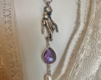 Victorian Hand Jewelry Purple Amethyst, Real Pearl Charm Necklace, Sterling Silver Chain, Love and Friendship, Gift for Her, Wedding Gift