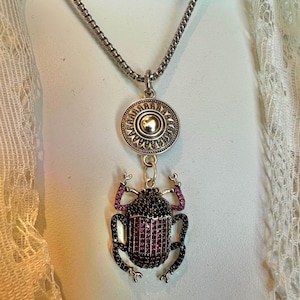 Scarab Beetle Egyptian Revival Style Crystals Pendant, Pave Crystals Bug Pendant, Silver Insect Jewelry, Beetle Necklace, Scarab Pendant