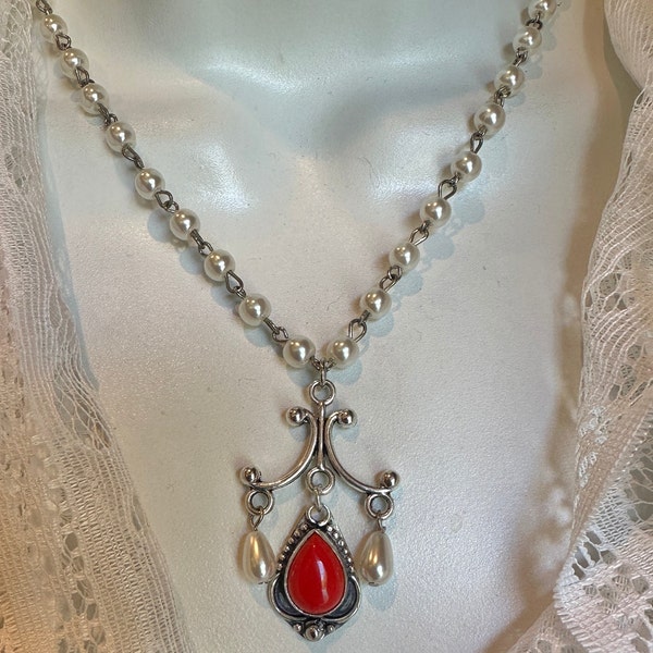 Victorian Style Vintage Sterling Silver Red Coral Fancy Connector Faux Pearls, Pearl Necklace, Red Stone, Pearls Gift for Her