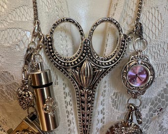 Scissor Holder Chatelaine, Thread Cutter, Measuring Tape, Needle Threader, Pin/Pill Holder, Stitch Minder, Purple Watch, Sewing Crafter Gift