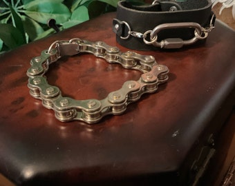 Choice Men's Bracelets, Motorcycle Chain Bracelet, Black Leather Carabiner Bracelet, Steampunk Look and Feel, Fahther's Day Gift for Him