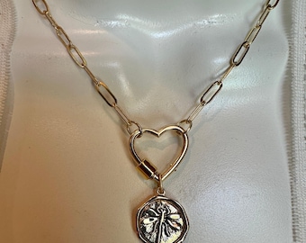 Dragonfly Choker, Gold Heart Carabiner Charm Holder Necklace, Lanyard Functional Jewelry