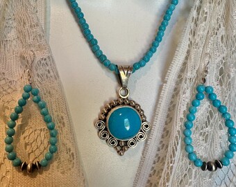 Robins Egg Blue Turquoise Sterling Silver Pendant Necklace and Earrings Set