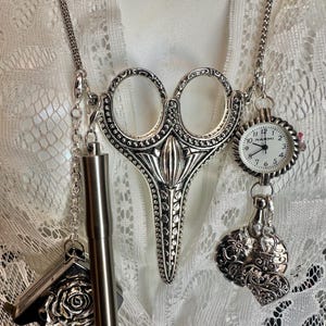 Scissor Holder Chatelaine, Thread Cutter, Measuring Tape, Needle Threader, Pin/Pill Holder, Stitch Minder, Workin Watch, Sewing Crafter Gift