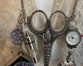 Scissor Holder Chatelaine Necklace, Measuring Tape, Pin Minder, Needle Threader, Thread Cutter, Pin Pill Case, Watch Seamstress Crafter Gift
