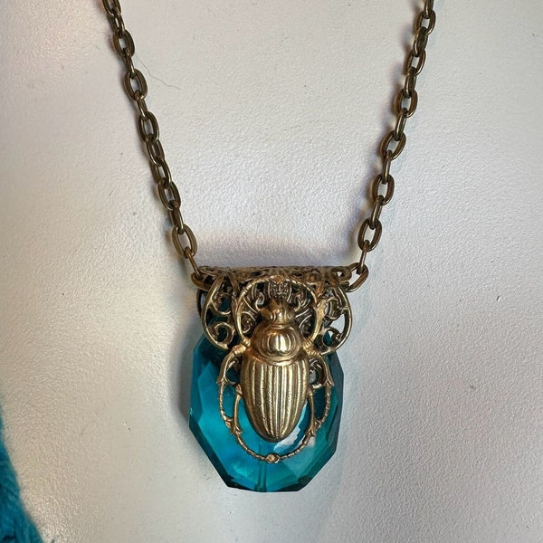 Large Heavy Teal Czech Glass with Scarab Beetle Egyptian Revival Style Jewelry, Vintage Blue Bohemian Glass Necklace, Beetle Pendant