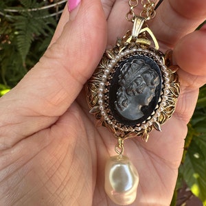 Vintage Gold Watch Lucerne Swiss Working Wind-Up Watch Necklace, Fancy Black Onyx Cameo Seed Pearl Back, Wear Two Ways, Beautiful Piece