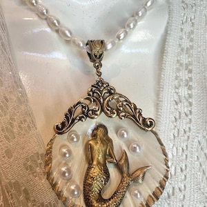Mermaid Necklace Real Sea Shell, Art Nouveau Style, Design Choices Pearls or Chain, Mermaidcore Jewelry, Gift for Her