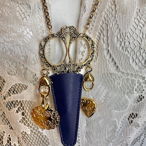 Scissor Chatelaine Gold Necklace, Thread Cutter, Needle Threader Minder, Blue Leather Holder, Seamstress Gift