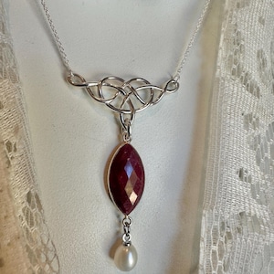 Red Ruby Raw Facet Cut, Real Pearl, Sterling Silver Celtic Heart Knot Necklace, Valentines Gift, July Birthstone