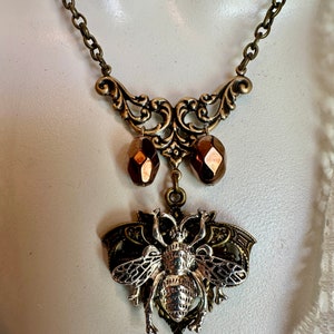 Queen Bee Victorian Style Bronze and Silver Fancy Bib Necklace, with Glass Honey Color Crystals, Bumble Bee Pendant, Insect Jewelry
