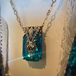Teal Blue Vintage Bohemian Thick Faceted Czech Glass Pendant, Bridal Blue Wedding Statement, Victorian Revival Style Jewelry