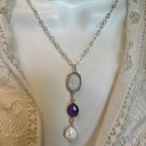 Camphor Glass Pendant, Vintage Frosted Glass 1920 Art Deco Style, Amethyst, Freshwater Pearl, Sterling Silver Necklace
