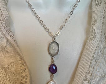 Camphor Glass Pendant, Vintage Frosted Glass 1920 Art Deco Style, Amethyst, Freshwater Pearl, Sterling Silver Necklace