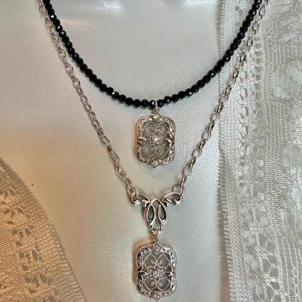 Vintage Camphor Glass Pendants, Two Necklace Options, All Sterling Silver Bib or Black Spinel, Art Deco Style, Beautiful!