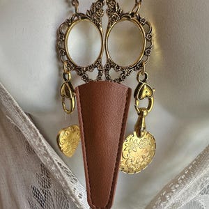Gold Scissors Holder Chatelaine Style, Thread Yarn Cutter, Heart Needle Threader Pin Minder, Leather Sheath, Crafter Seamstress Quilter Gift